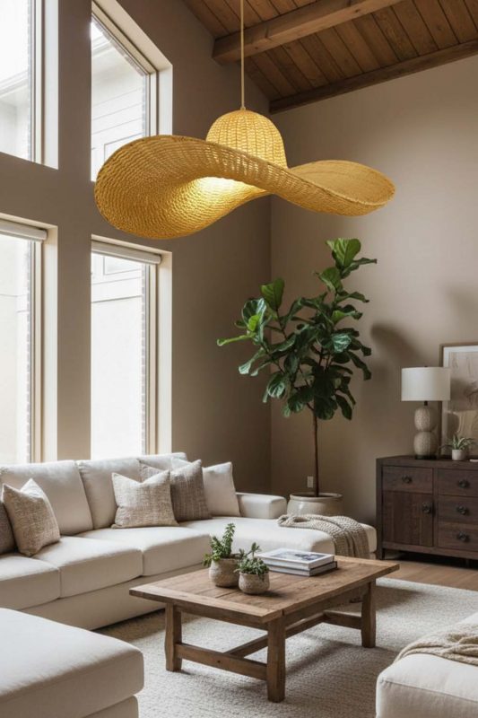 Living Room Rattan Hat Pendant Light - Cozy & Inviting