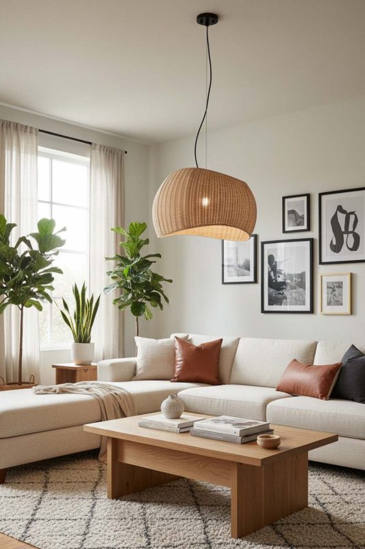 Living Room Rattan Ribbon Pendant Light - Cozy & Inviting