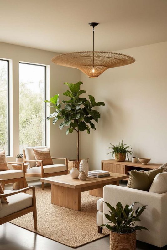 Living Room Rattan Umbrella Pendant Light - Cozy & Inviting
