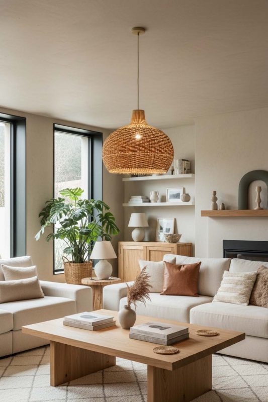 Living Room Red Orange Rattan Pendant Light - Stylish & Modern