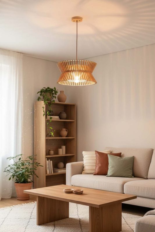 Living Room Round Wood Slat Pendant Light - Elegant & Comfortable