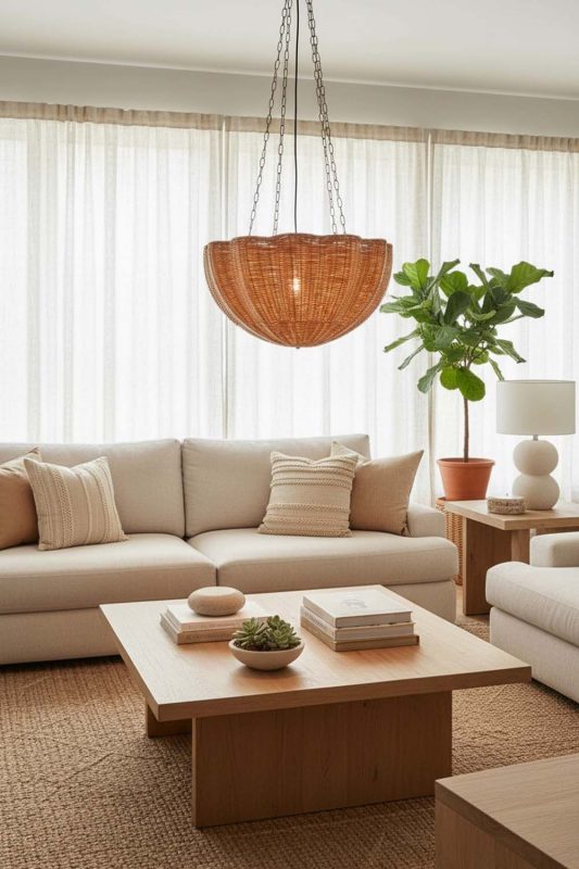 Living Room Scalloped Rattan Pendant Light - Cozy & Inviting