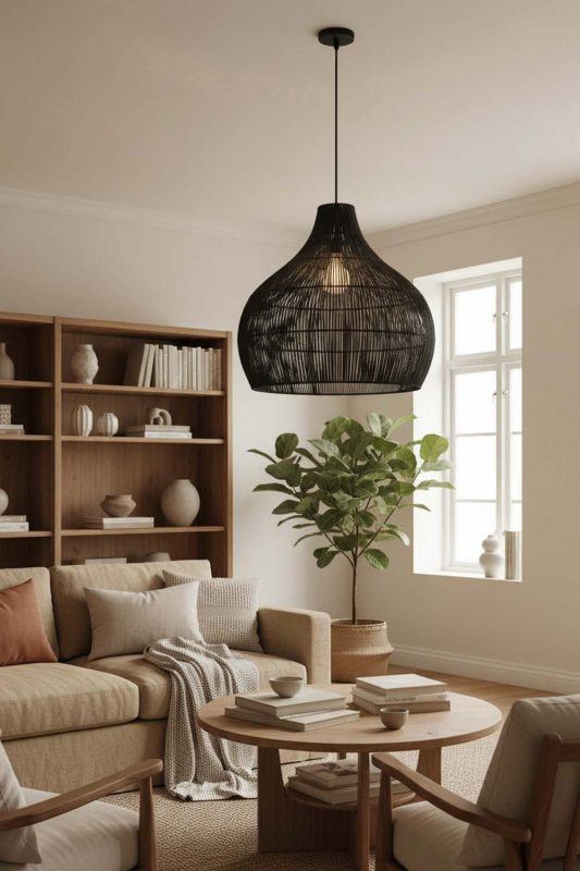 Living Room Simple Black Rattan Pendant Light - Warm & Relaxing