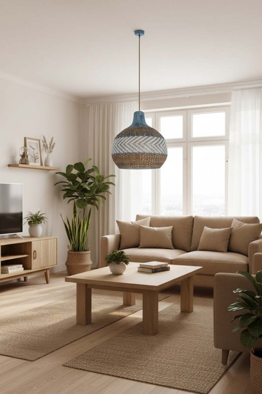 Living Room Tan Brown White Rattan Pendant Light - Cozy & Inviting