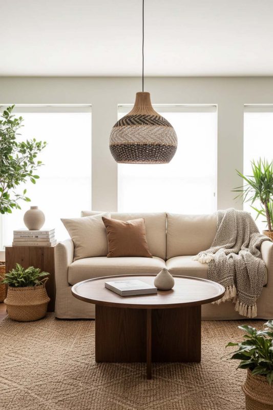 Living Room White Gray Rattan Pendant Light - Cozy & Inviting