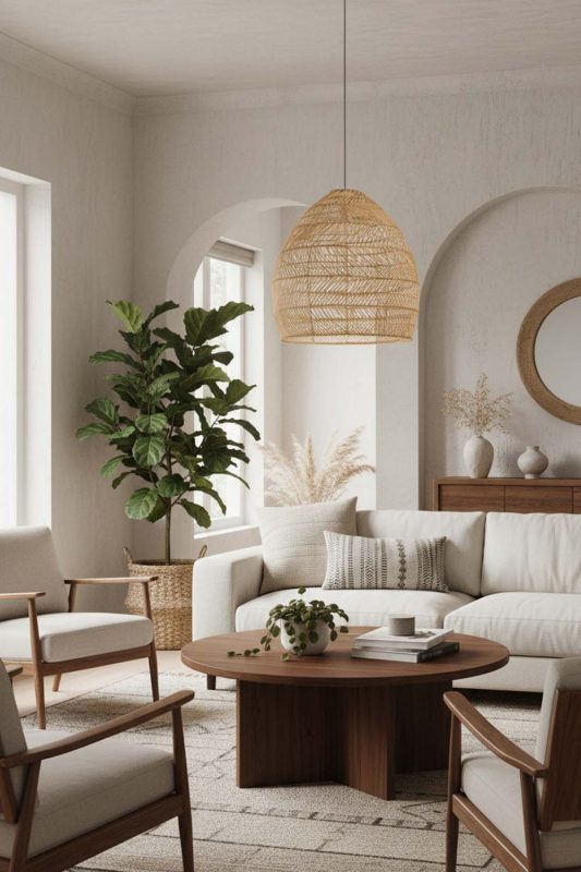 Living Room Wicker Basket Pendant Light Beige Color - Stylish & Modern