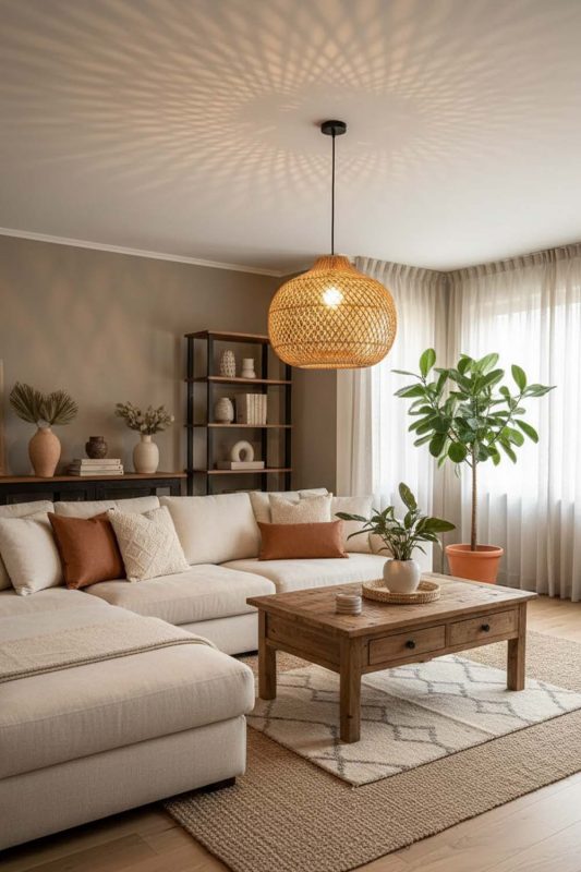 Living Room Wicker Swag Lamp - Cozy & Inviting
