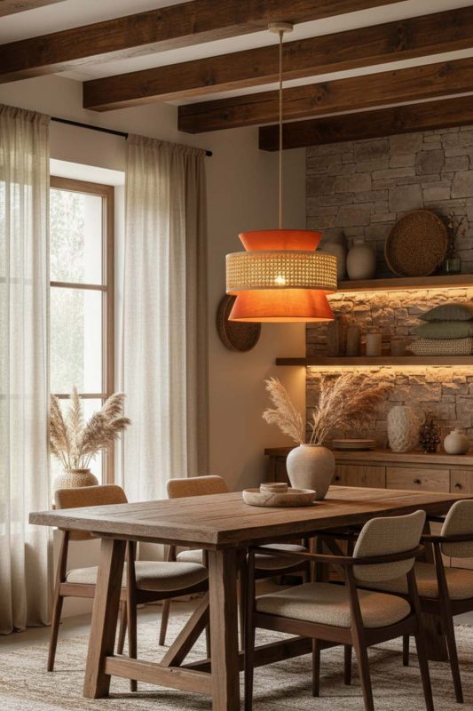 Modern Rustic Bamboo Fabric Shade Pendant Light - Cabin-inspired Comfort