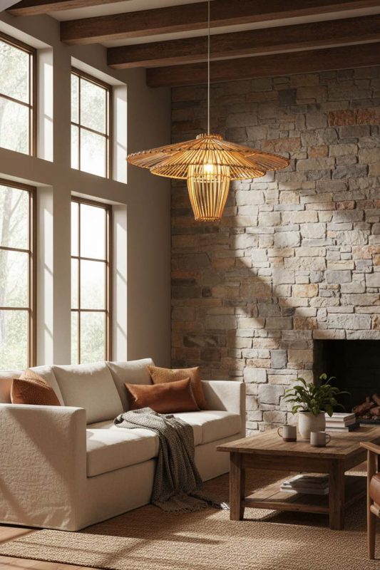 Modern Rustic Beige Bamboo Starburst Pendant Light - Natural & Cozy