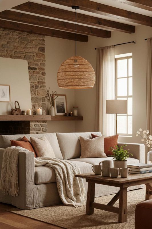 Modern Rustic Beige Rattan Cage Pendant Light - Cabin-inspired Comfort