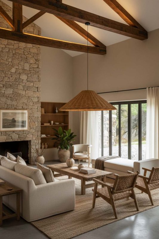 Modern Rustic Beige Rattan Cone Pendant Light - Earthy & Inviting