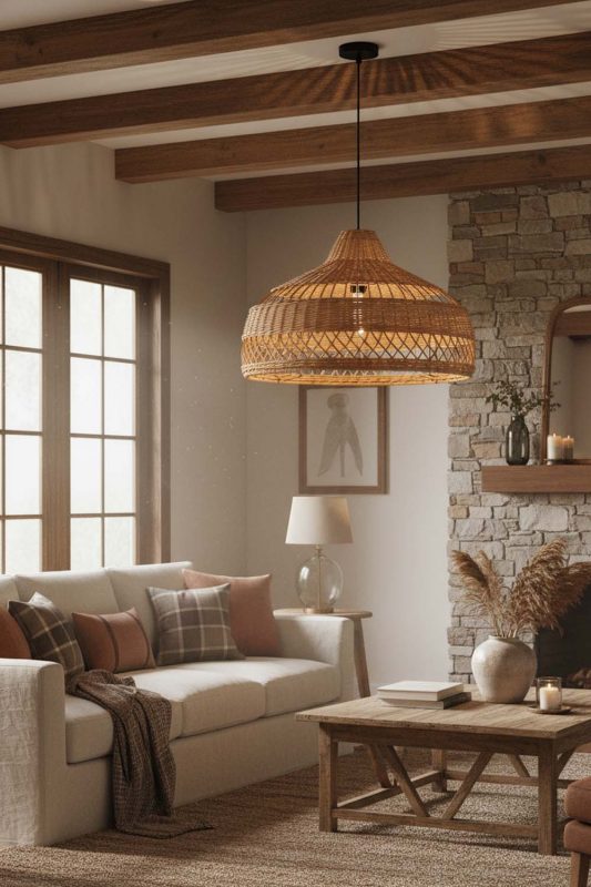 Modern Rustic Beige Rattan Radiant Pendant Lights - Natural & Cozy