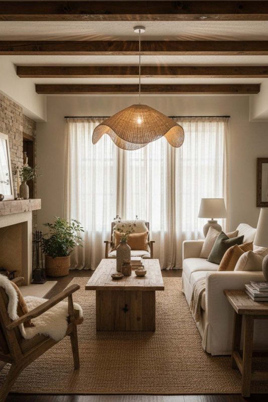 Modern Rustic Beige Rattan Wave Pendant Light - Earthy & Inviting