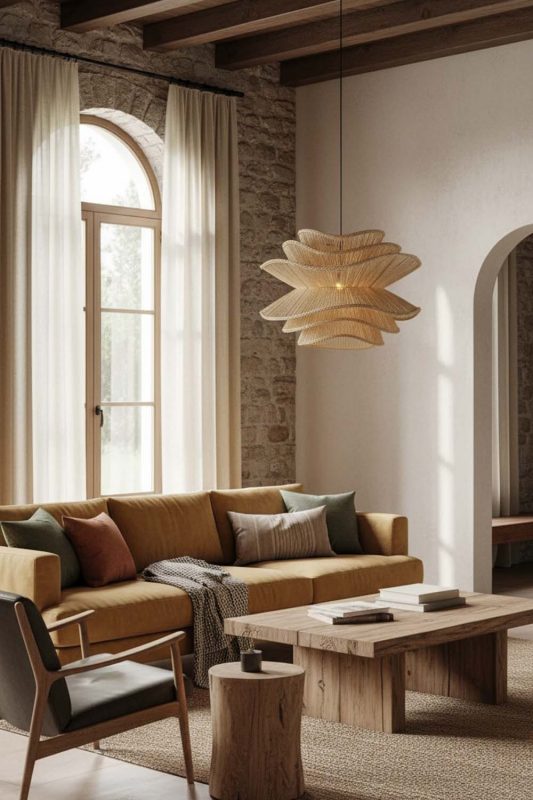 Modern Rustic Beige Vietnamese Flower Rattan Chandelier - Cabin-inspired Comfort