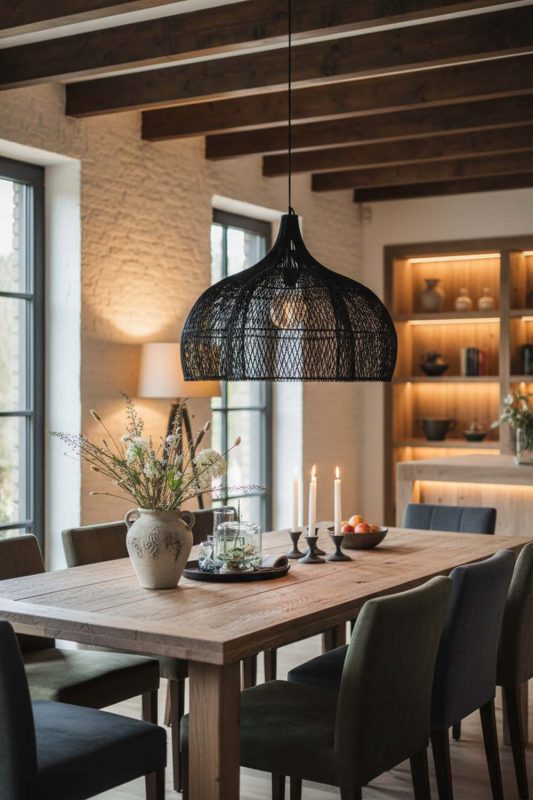 Modern Rustic Black Bloom Rattan Pendant Light - Earthy & Inviting
