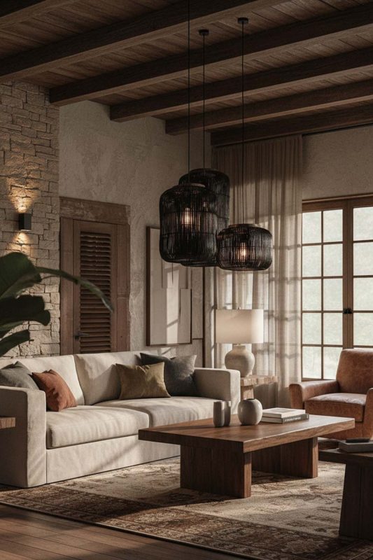 Modern Rustic Black Rattan Capsule Pendant Light - Cabin-inspired Comfort