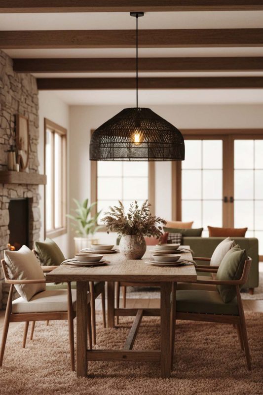 Modern Rustic Black Rattan Wide Dome Pendant Light - Natural & Cozy