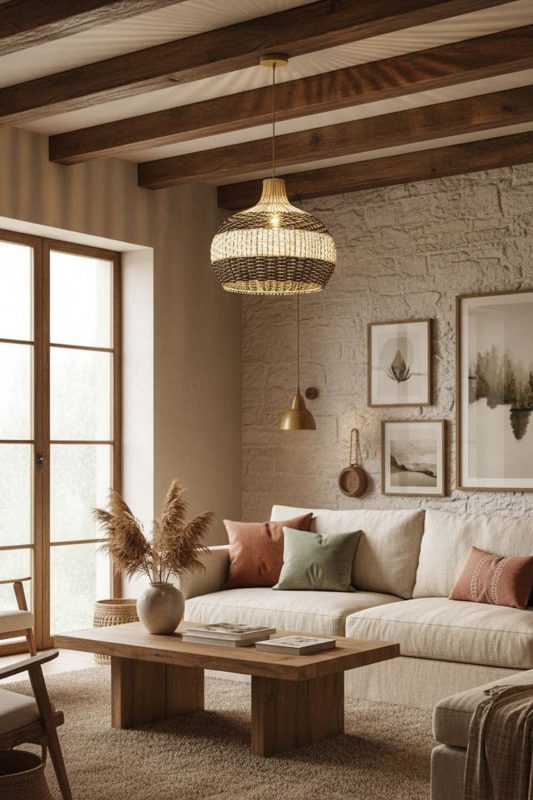 Modern Rustic Black White Round Rattan Pendant - Warm & Rustic Charm
