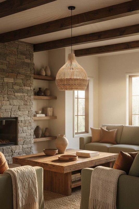 Modern Rustic Bottom Tan Brown Rattan Pendant Light - Natural & Cozy