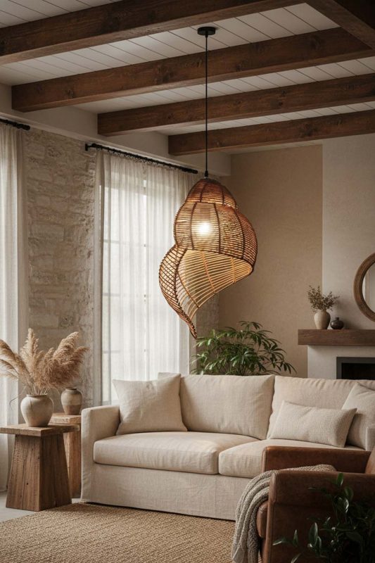 Modern Rustic Brown Rattan Spiral Pendant Light - Cabin-inspired Comfort