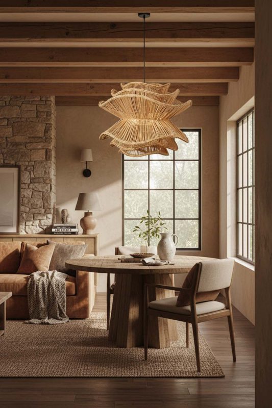 Modern Rustic Brown Vietnamese Flower Rattan Chandelier - Earthy & Inviting