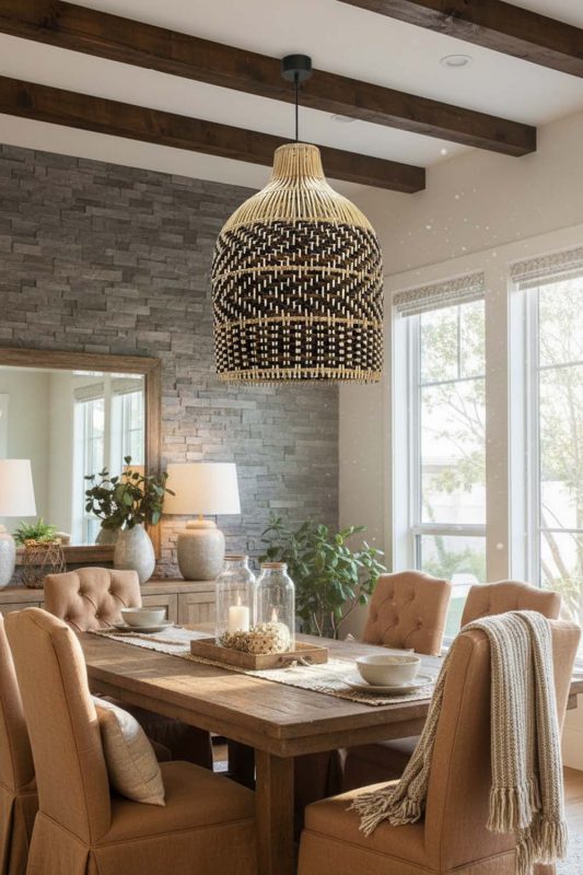 Modern Rustic Dark Brown Rattan Bell Pendant Light - Natural & Cozy