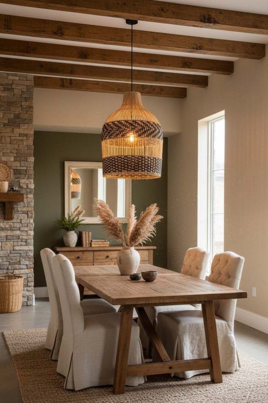 Modern Rustic Double Band Wicker Bell Pendant Light - Earthy & Inviting