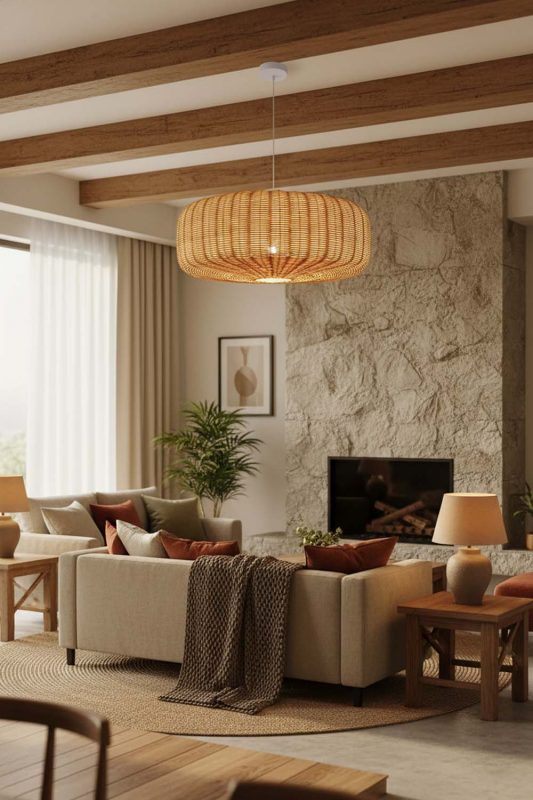 Modern Rustic Flat Drum Rattan Chandelier - Earthy & Inviting
