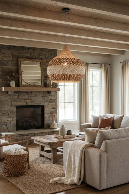 Modern Rustic Light Brown White Rattan Pendant Light - Natural & Cozy