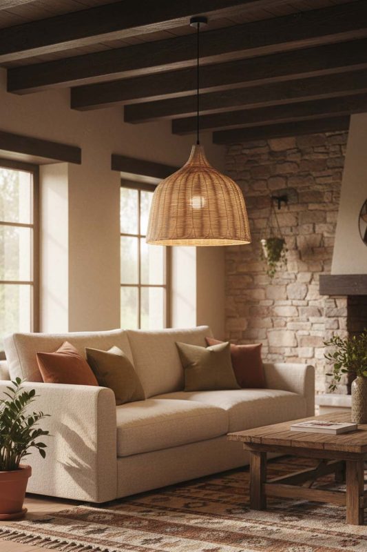 Modern Rustic Rattan Basket Pendant Light Natural - Cabin-inspired Comfort