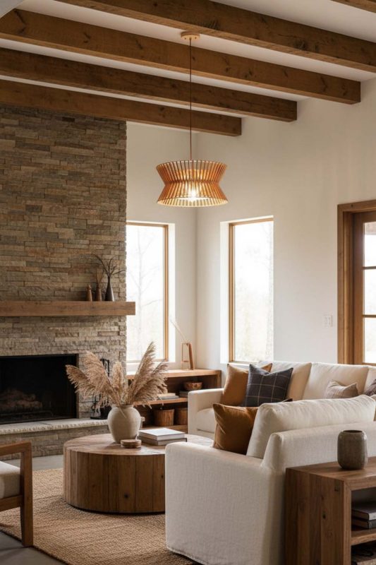 Modern Rustic Round Wood Slat Pendant Light - Earthy & Inviting
