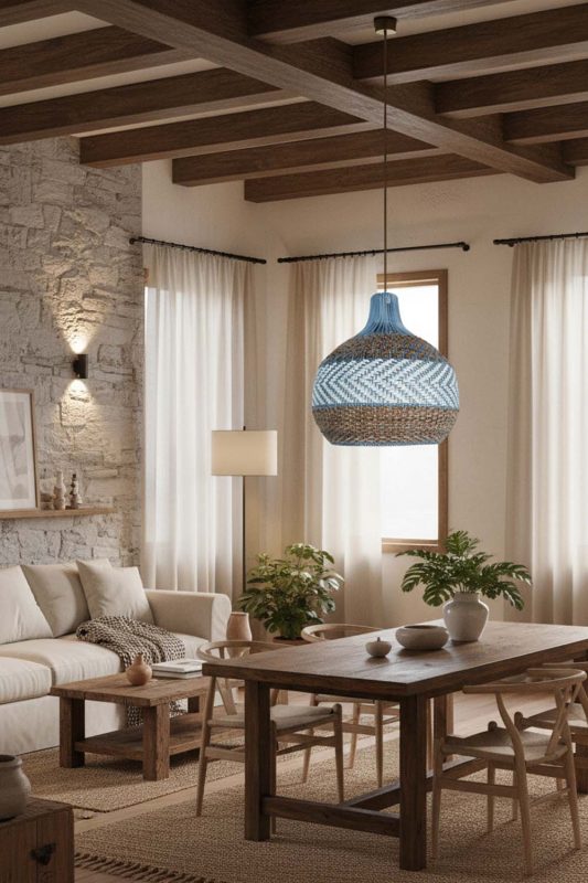 Modern Rustic Tan Brown White Rattan Pendant Light - Warm & Rustic Charm