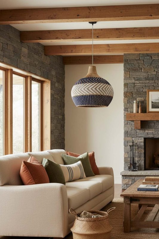 Modern Rustic White Blue Rattan Pendant Light - Cabin-inspired Comfort