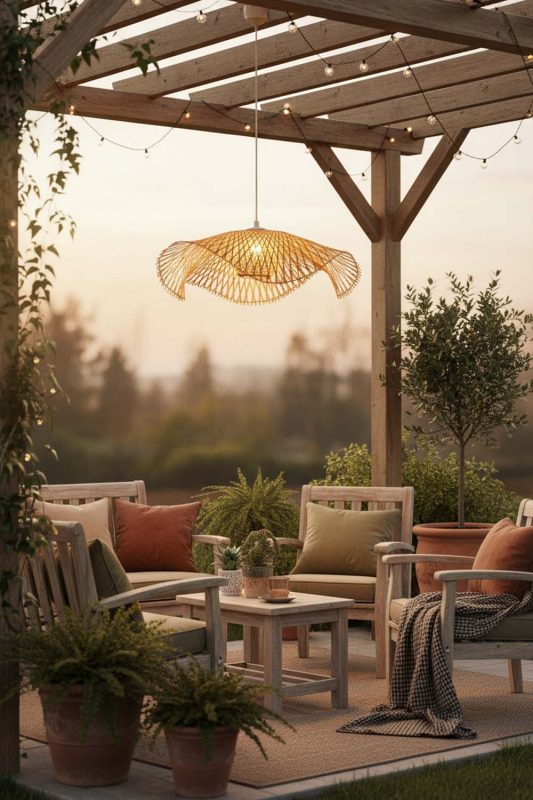 Outdoor Beige Lotus Bamboo Pendant Light - Fresh & Airy