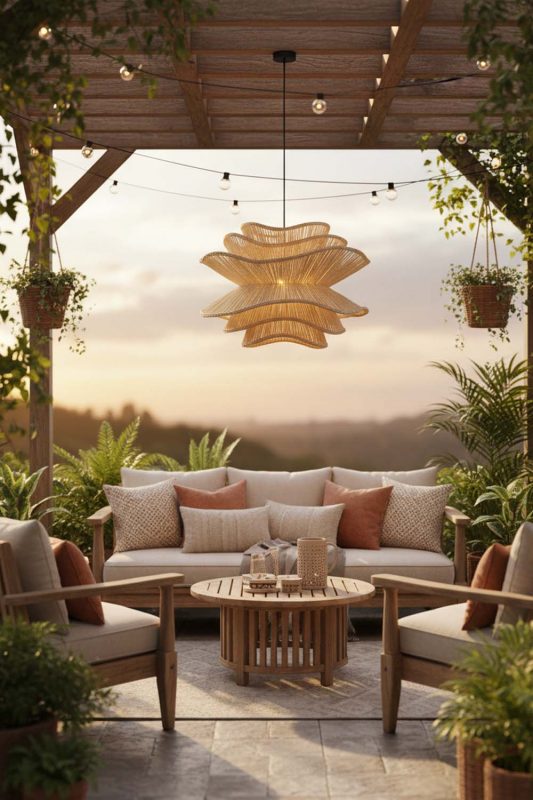 Outdoor Beige Vietnamese Flower Rattan Chandelier - Peaceful & Inviting