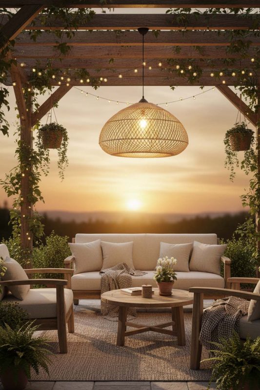 Outdoor Beige Wood Rattan Pendant Light B - Cozy Outdoor Ambience