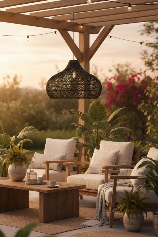Outdoor Black Kloe Rattan Pendant Light - Cozy Outdoor Ambience