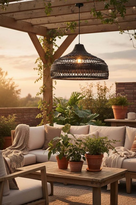 Outdoor Black Rattan Radiant Pendant Lights - Relaxing & Natural