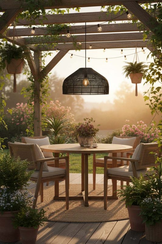 Outdoor Black Rattan Wide Dome Pendant Light - Fresh & Airy
