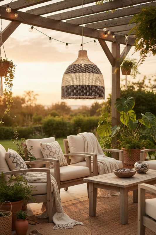 Outdoor Black White Dome Rattan Pendant - Peaceful & Inviting