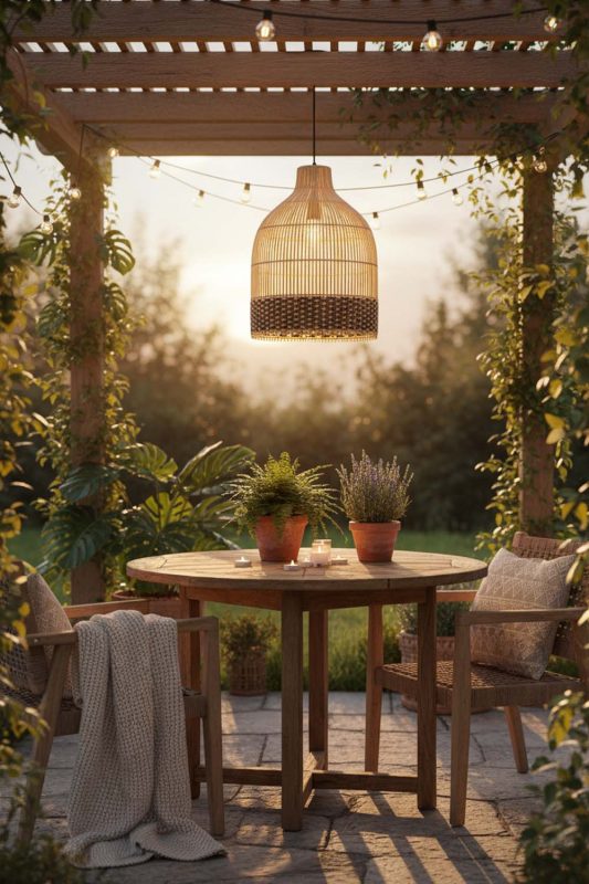 Outdoor Bottom Dark Brown Wicker Bell Pendant Light - Magical Evening Vibes