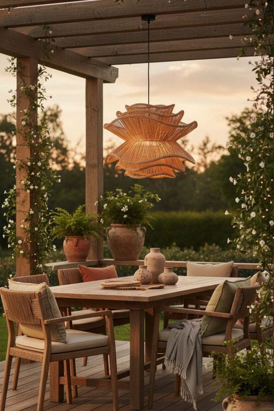 Outdoor Brown Vietnamese Flower Rattan Chandelier - Cozy Outdoor Ambience
