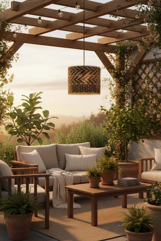 Outdoor Dark Rattan Drum Pendant Light - Cozy Outdoor Ambience