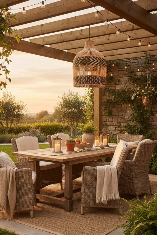 Outdoor Double Band Wicker Bell Pendant Light - Cozy Outdoor Ambience
