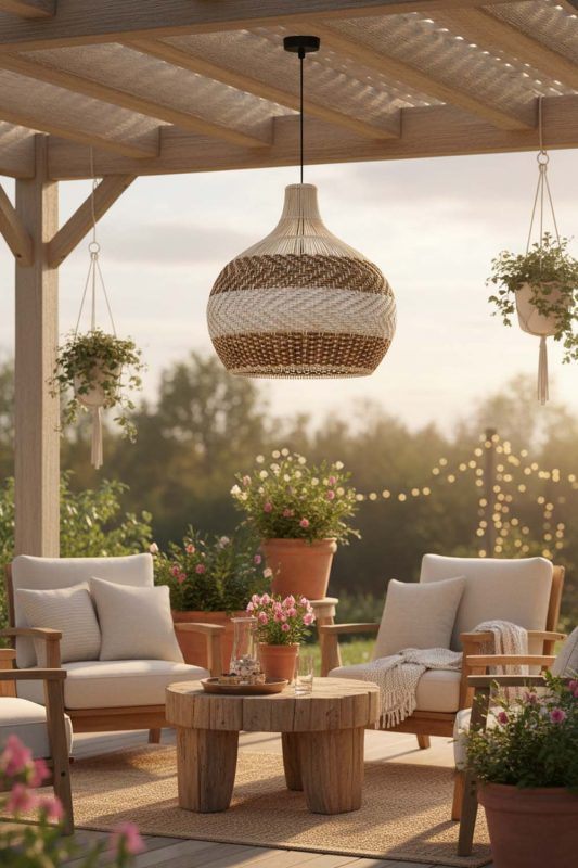 Outdoor Light Brown White Rattan Pendant Light - Fresh & Airy