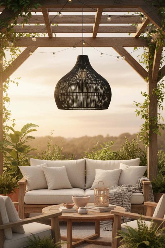 Outdoor Simple Black Rattan Pendant Light - Fresh & Airy
