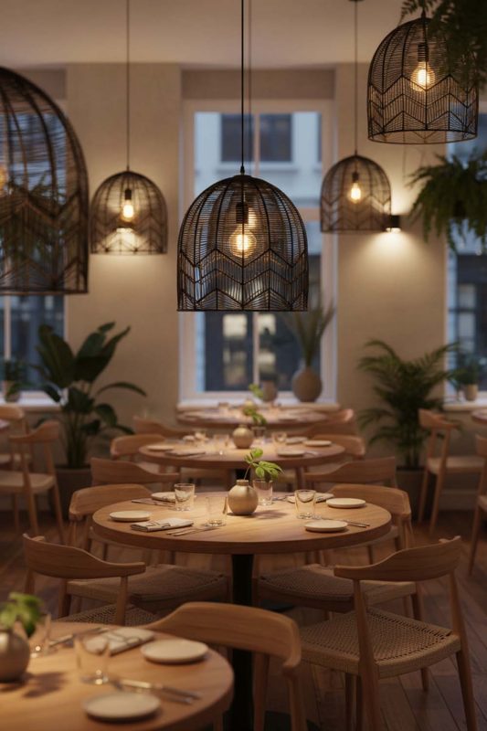 Restaurant Black Rattan Birdcage Pendant Light - Warm & Inviting Atmosphere