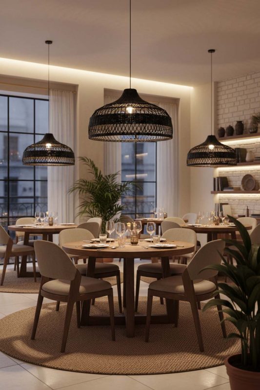 Restaurant Black Rattan Radiant Pendant Lights - Elegant Dining Experience