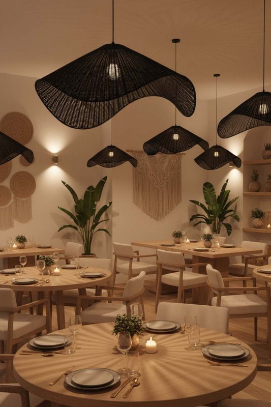 Restaurant Black Rattan Wave Pendant Light - Upscale & Stylish