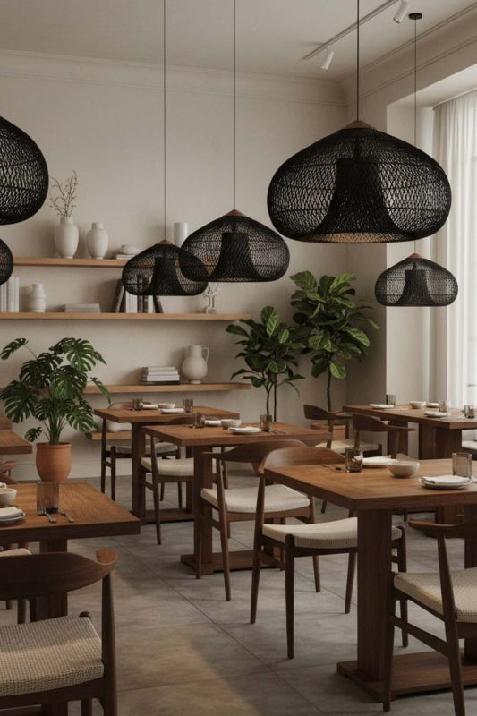 Restaurant Black Vintage Wood Rattan Pendant Light - Upscale & Stylish